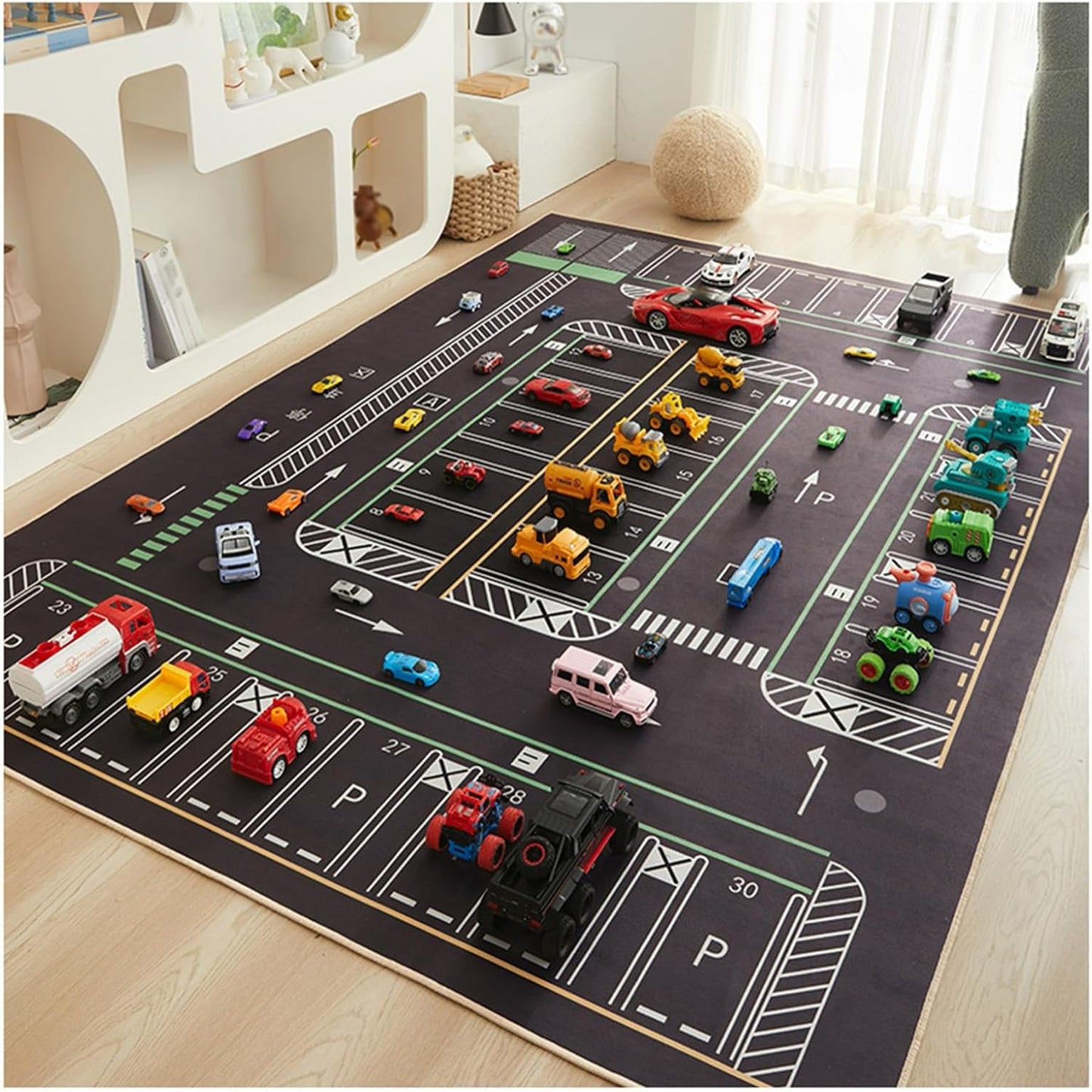 Car Mat Play Rugs, Parking Lot Floor Mat Reading Area Toy Area Game Carpet Car City Traffic Hopscotch Crawling Mat Non-slip Playroom Classroom Bedroom Carpet