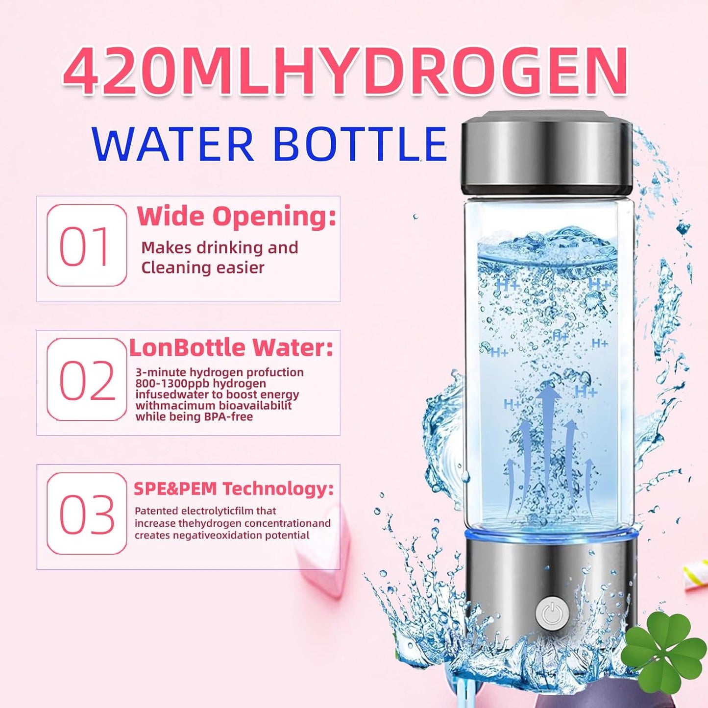 2024 Upgraded Hydrogen Water Bottle, 420ml Hydrogen Water Generator, Hydrogen Water Ionizer Suitable for Purified Water, Portable Hydrogen Water Bottle for Improved Water Quality in 3 Minutes