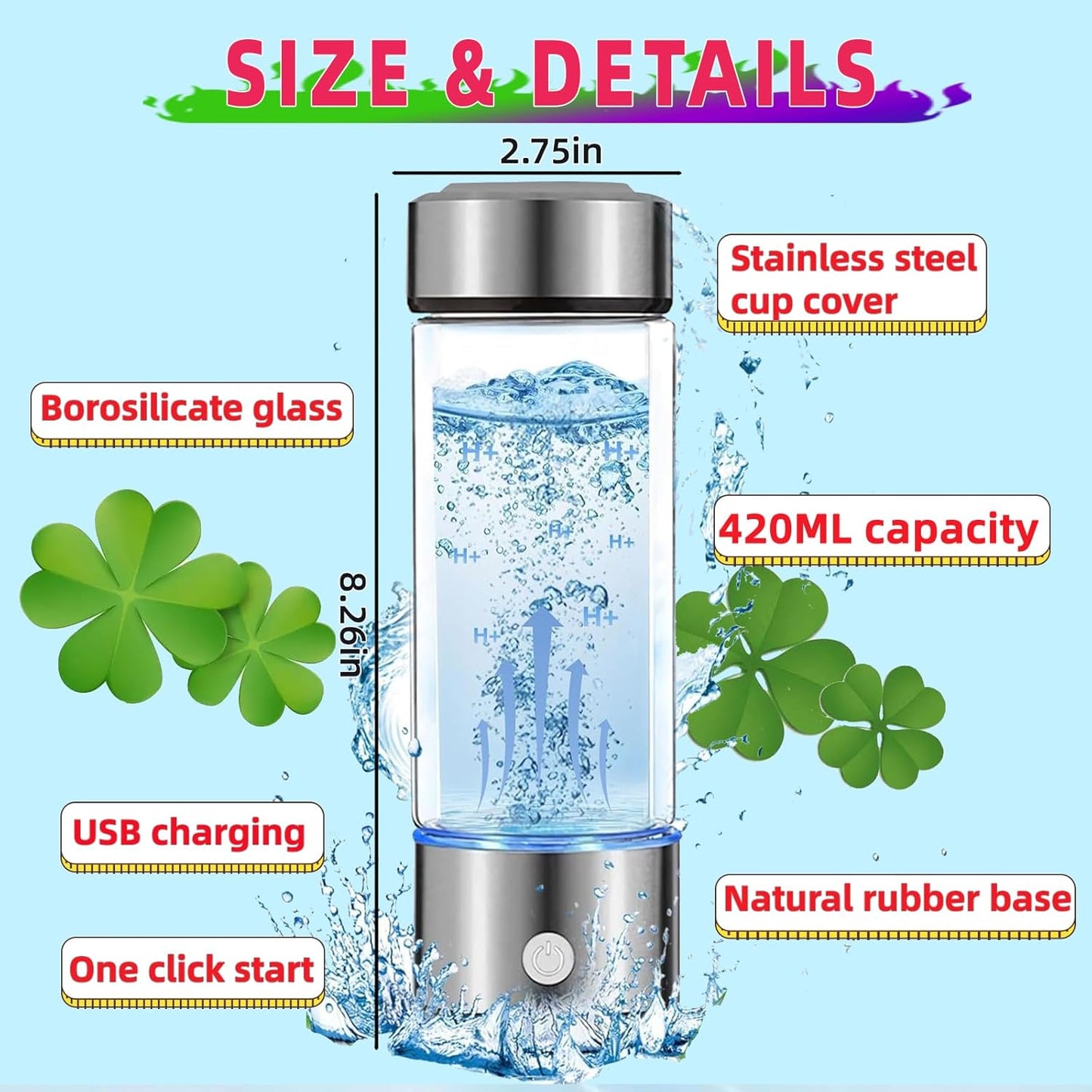 2024 Upgraded Hydrogen Water Bottle, 420ml Hydrogen Water Generator, Hydrogen Water Ionizer Suitable for Purified Water, Portable Hydrogen Water Bottle for Improved Water Quality in 3 Minutes