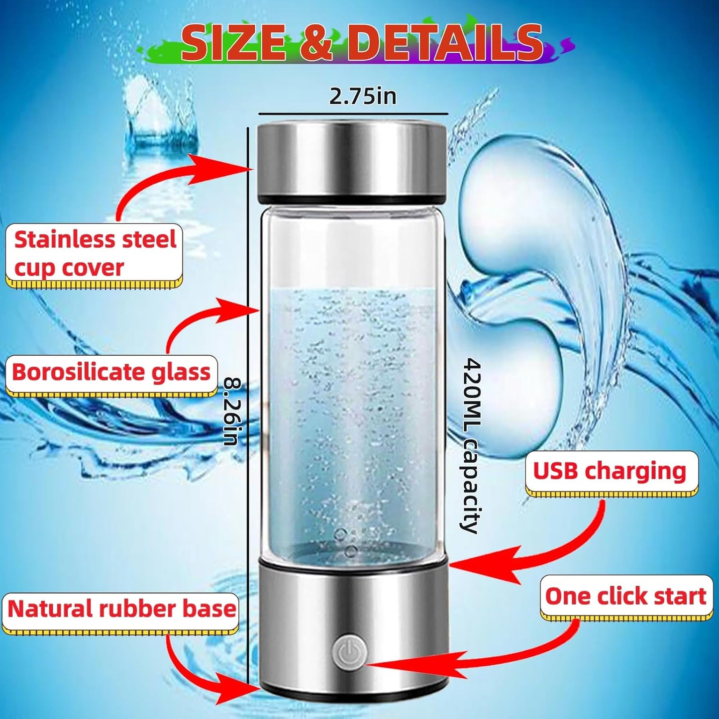 2024 Upgraded Hydrogen Water Bottle, 420ml Hydrogen Water Generator, Hydrogen Water Ionizer Suitable for Purified Water, Portable Hydrogen Water Bottle for Improved Water Quality in 3 Minutes